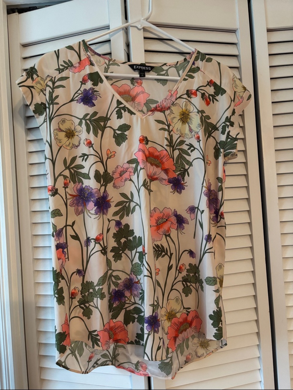 Express Cream Floral V-Neck Blouse with Pink, Purple & Green Blooms